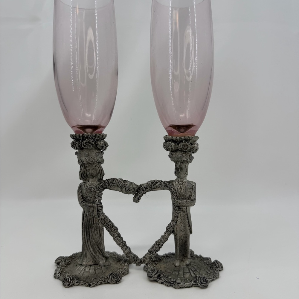 Ballena Bay Renaissance Bride Groom Toasting Flutes Pewter Heart Amethyst Glass